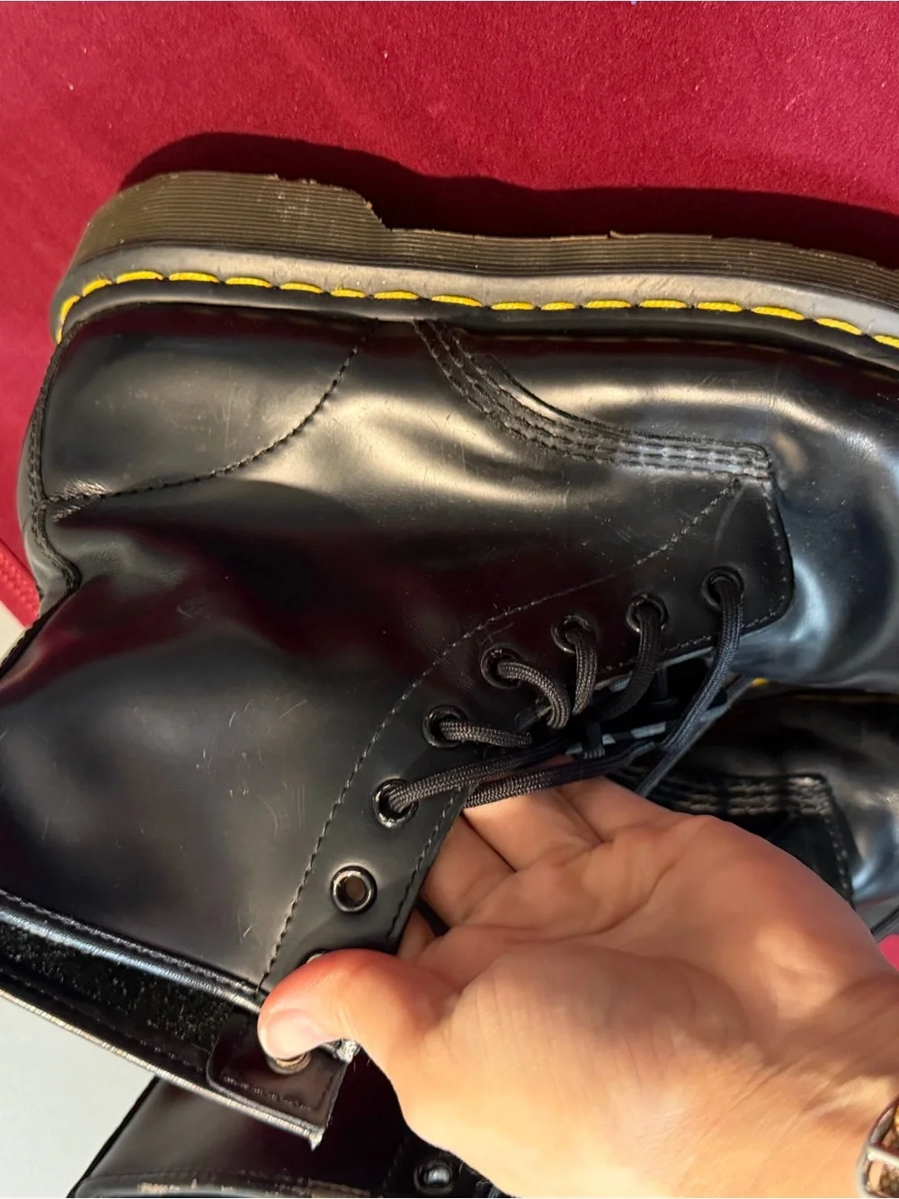 Dr. Martens Black Leather Lace-Up Boots with Yellow Stitching us 9
